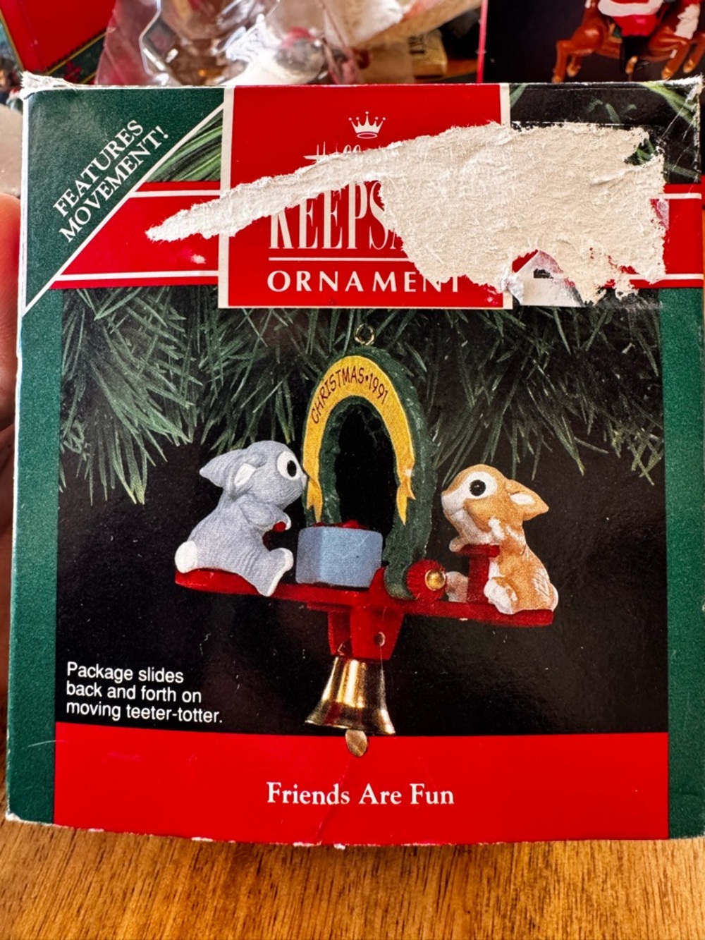 Hallmark Gray, Red and Gold bunnies on Sled Ornament